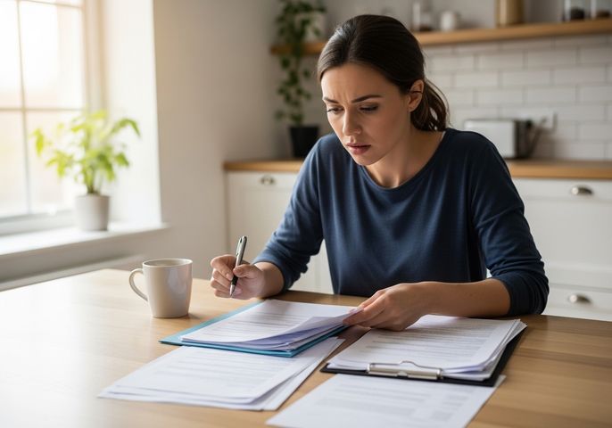 Woman reviewing documents at home