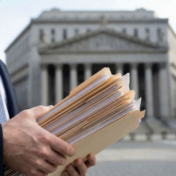 thick stack of manila folders in front of a courthouse building