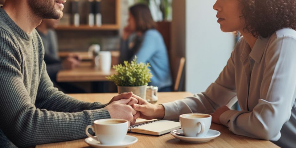 A couple having a serious, loving conversation over coffee