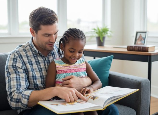Father and daughter reading a book together on a sofa