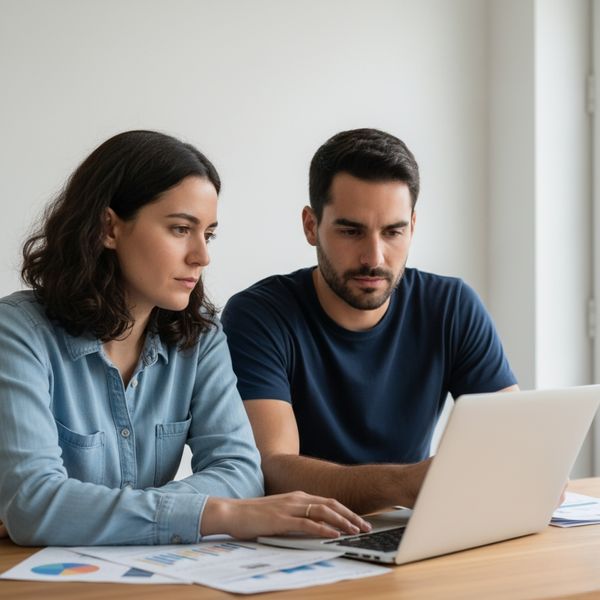 couple discussing finances at home with a laptop couple discussing finances at home with a laptop