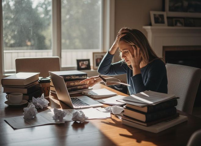 Stressed woman with hands on head at desk