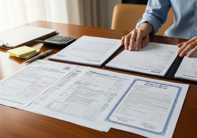 Close-up of a person at a desk with several important documents, including bank statements, a W4, a 1040 form, and property deeds. A calculator, pen, and sticky notes are also visible. Documents on Desk