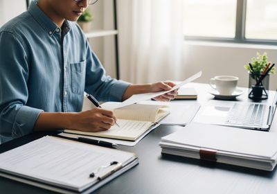 A man in a blue shirt sits at a desk, reviewing papers and writing in a notebook. A laptop, coffee cup, and plant are also on the desk, suggesting a productive work environment. Man working at desk with documents and laptop