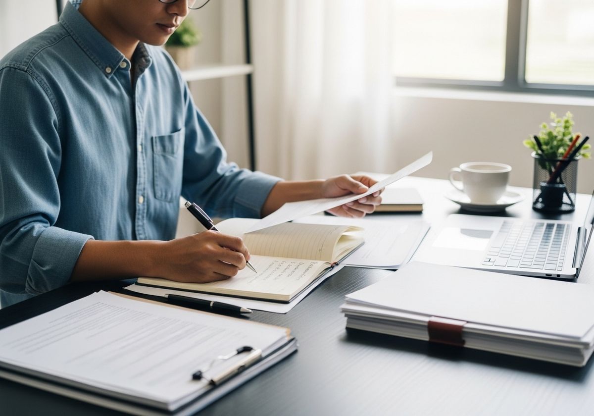 Man working at desk with documents and laptop