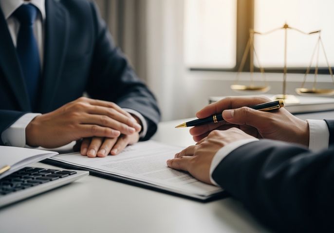 A close-up shot of two people in business suits reviewing and signing legal documents at a white desk, with a scale of justice subtly visible in the background, symbolizing law and fairness. Legal consultation and document signing