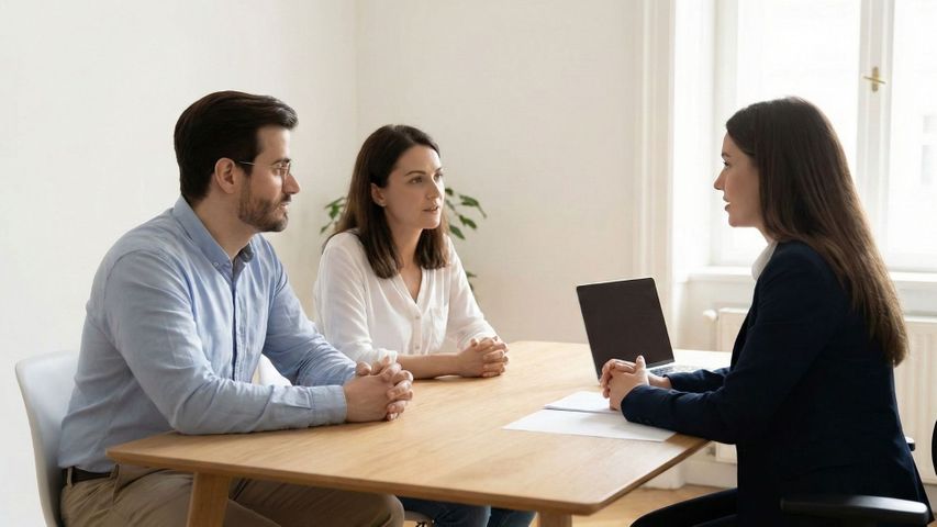 man and a woman sit across a table from a female professional in a modern office