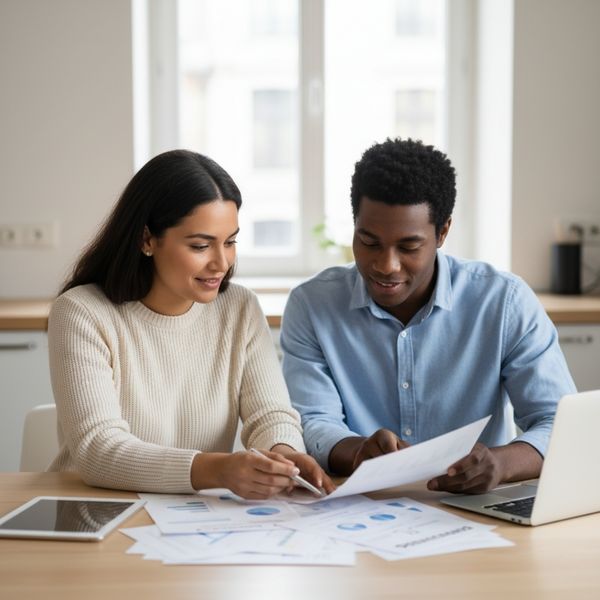 A man and a woman sit at a kitchen table, looking at financial papers and a laptop. A man and a woman sit at a kitchen table, looking at financial papers and a laptop.