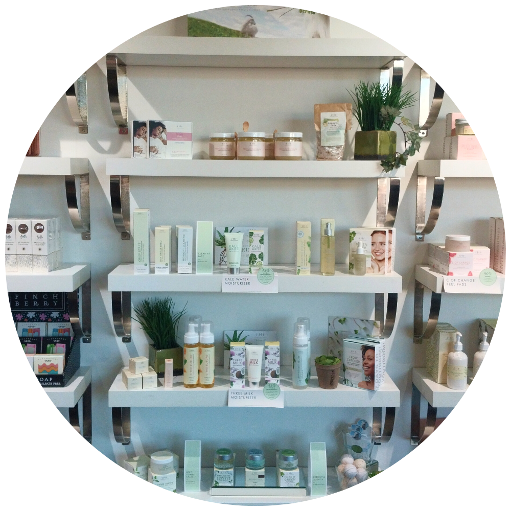 Shelves stocked with skin care, gifts, and apparel. Salon Biyoshi Boutique in Knoxville