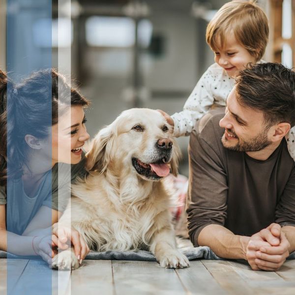 Family laying on the ground with dog smiling