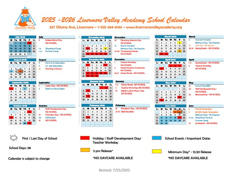 Calendars at Livermore Valley Academy - Livermore Valley Academy