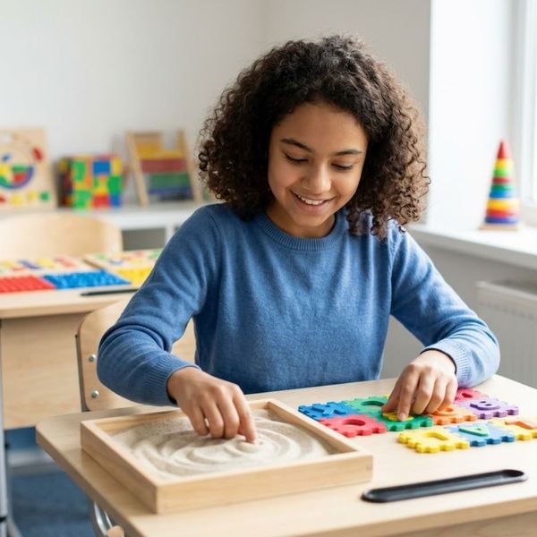 A joyful young student focuses on tracing textured, multi-sensory learning materials in a bright classroom.