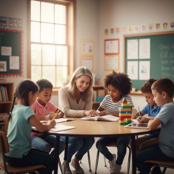 A small group of children engaged in a classroom setting, with a teacher A small group of children engaged in a classroom setting, with a teacher