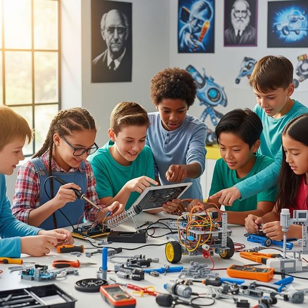 A group of children from diverse backgrounds is collaborating on a robotics project. A group of children from diverse backgrounds is collaborating on a robotics project.
