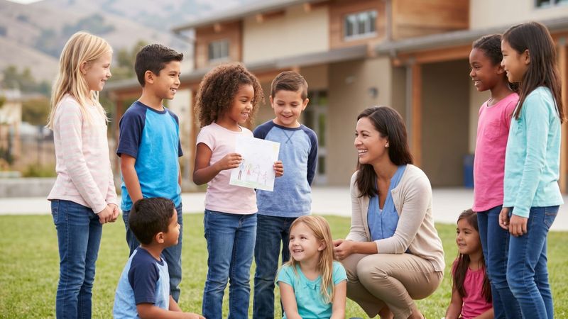 A diverse group of joyful elementary students interacting with a smiling teacher on a sunny school campus.