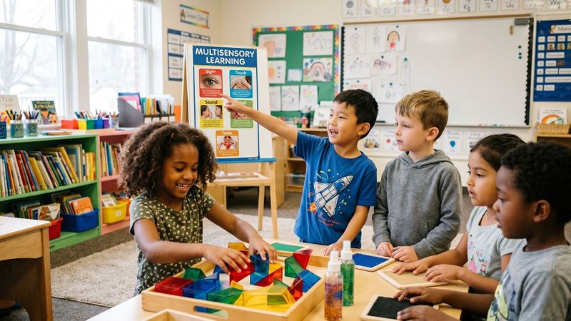 A group of diverse elementary students explores colorful geometric blocks together in a sunlit classroom.