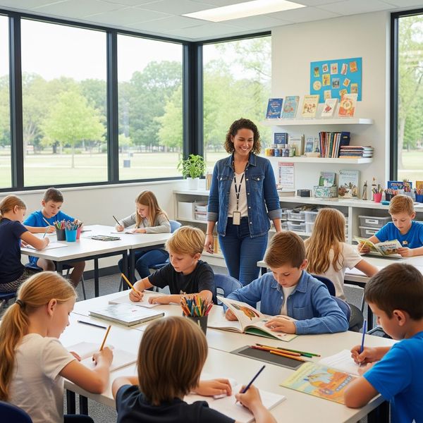 A clean and modern classroom setting with children and an adult working on homework and reading.