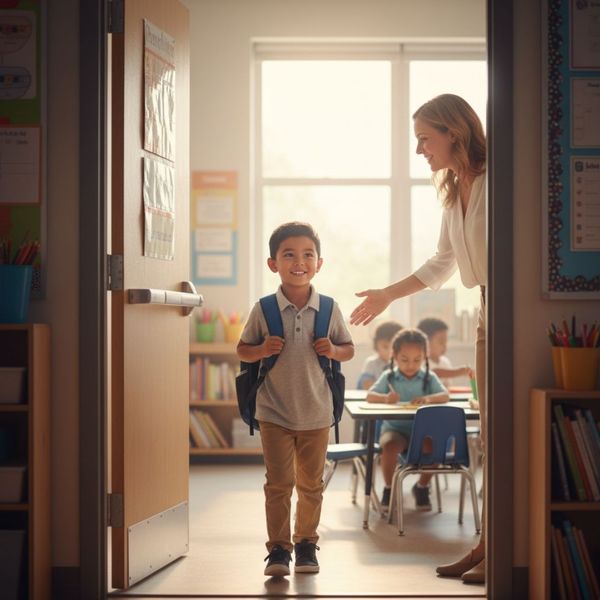 A smiling child confidently walking into a classroom, looking forward, with a friendly teacher greeting them at the door. A smiling child confidently walking into a classroom, looking forward, with a friendly teacher greeting them at the door.