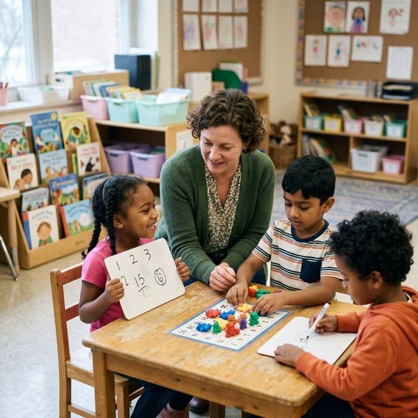 A teacher provides individualized support to students using colorful math manipulatives.