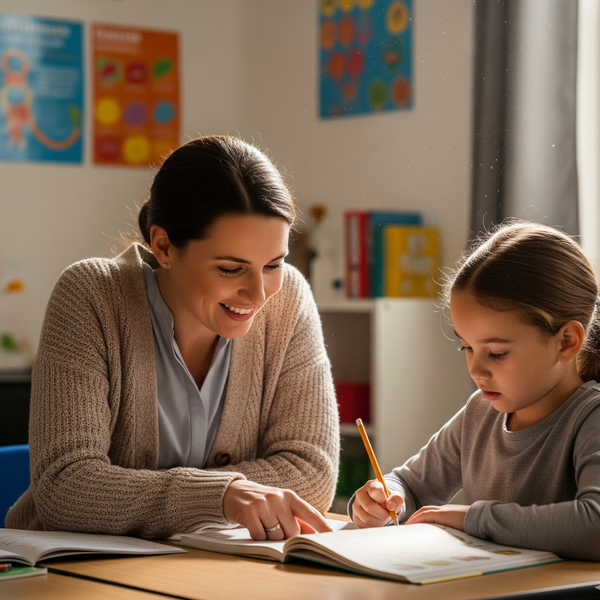 A caring teacher assists a student with their homework in a supportive environment.