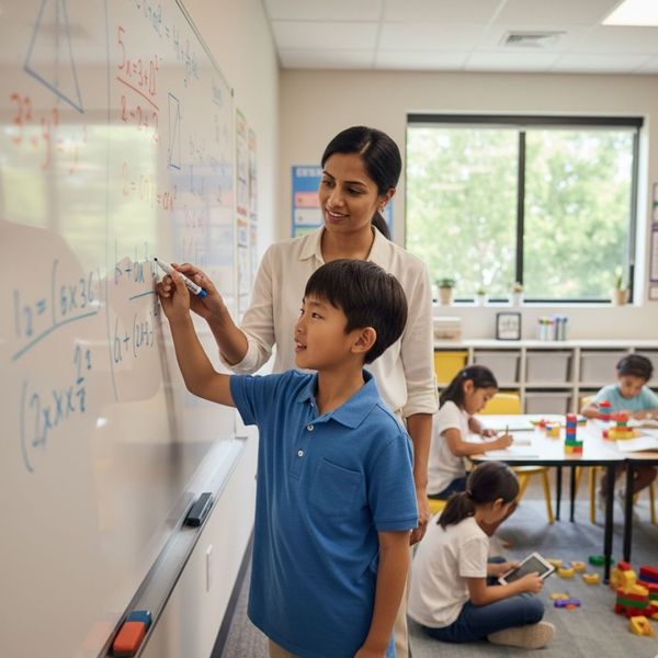 A child enthusiastically working on a math problem at a whiteboard, with a teacher beside them A child enthusiastically working on a math problem at a whiteboard, with a teacher beside them