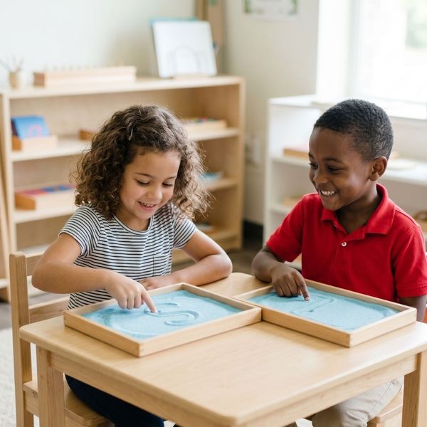 Two young students smile while tracing letters in trays of fine blue sand.