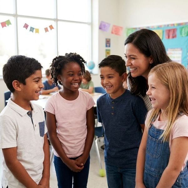 A group of smiling, diverse elementary students and their teacher share a genuine laugh within a warm and supportive classroom.