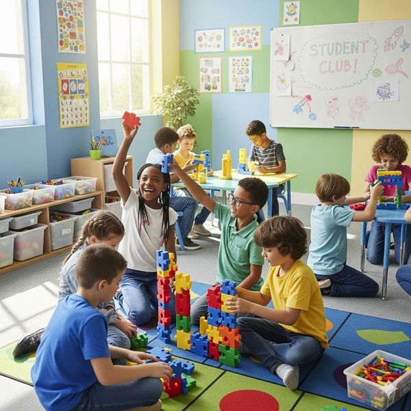 A diverse group of happy children building with colorful blocks in a well-lit room. A diverse group of happy children building with colorful blocks in a well-lit room.