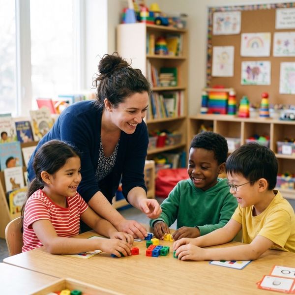 A teacher and three students engage in a hands-on counting lesson with vibrant blocks.