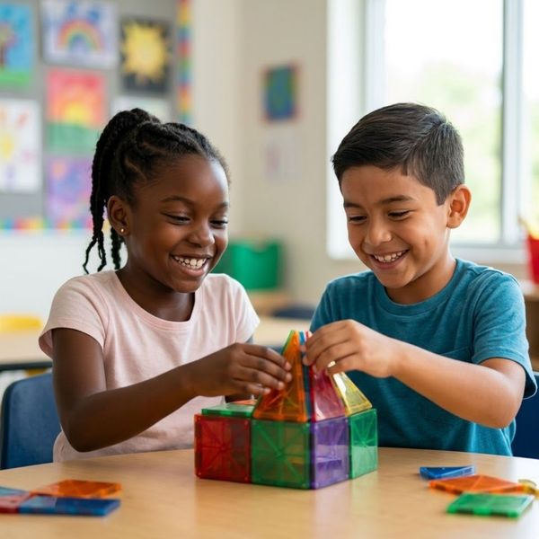 Two diverse students smile confidently while collaborating happily on a creative project in a bright classroom.