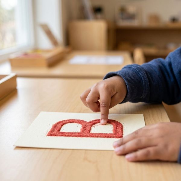 A child’s hands trace a textured letter on a page to develop literacy through touch.