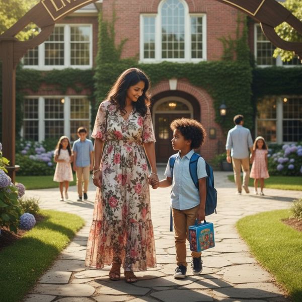 A parent and child holding hands, walking towards a school A parent and child holding hands, walking towards a school