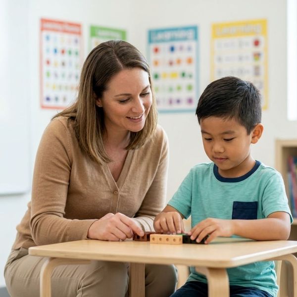 A teacher leans in to provide focused, personalized guidance to a young diverse student working with learning blocks.