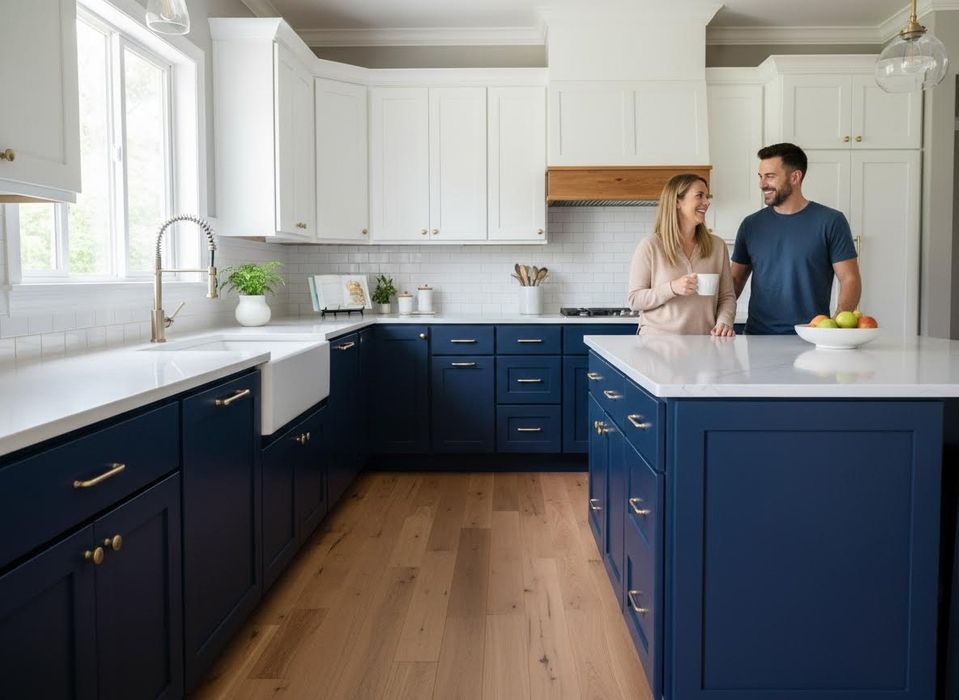 Modern Kitchen with Navy Blue and White Cabinets