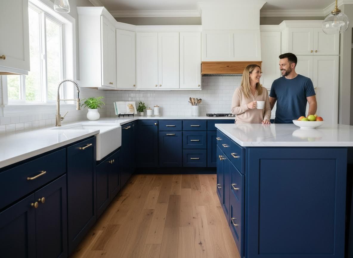 Modern Kitchen with Navy Blue and White Cabinets