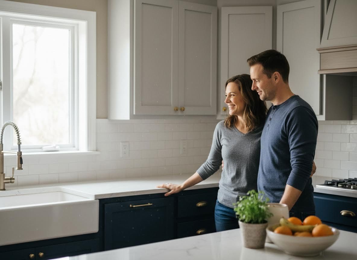 Couple admiring their modern kitchen