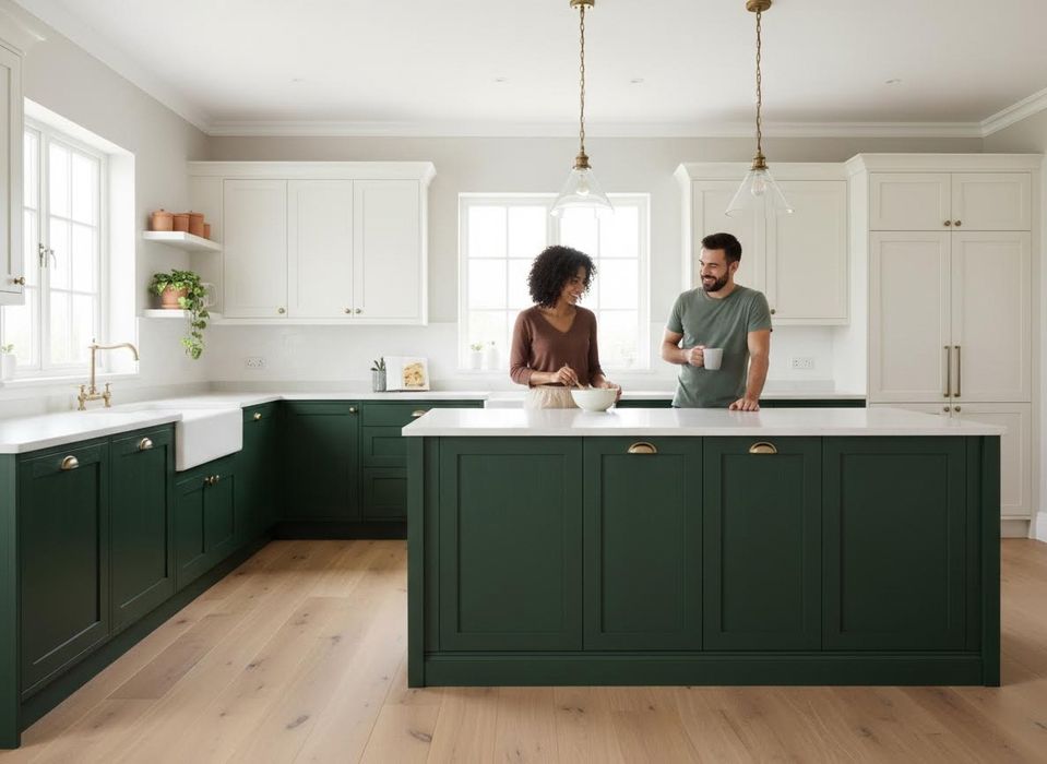 Couple in modern kitchen with dark green and white cabinets
