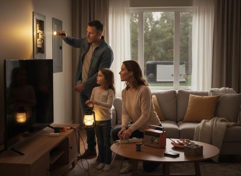 Family using generator during a power outage