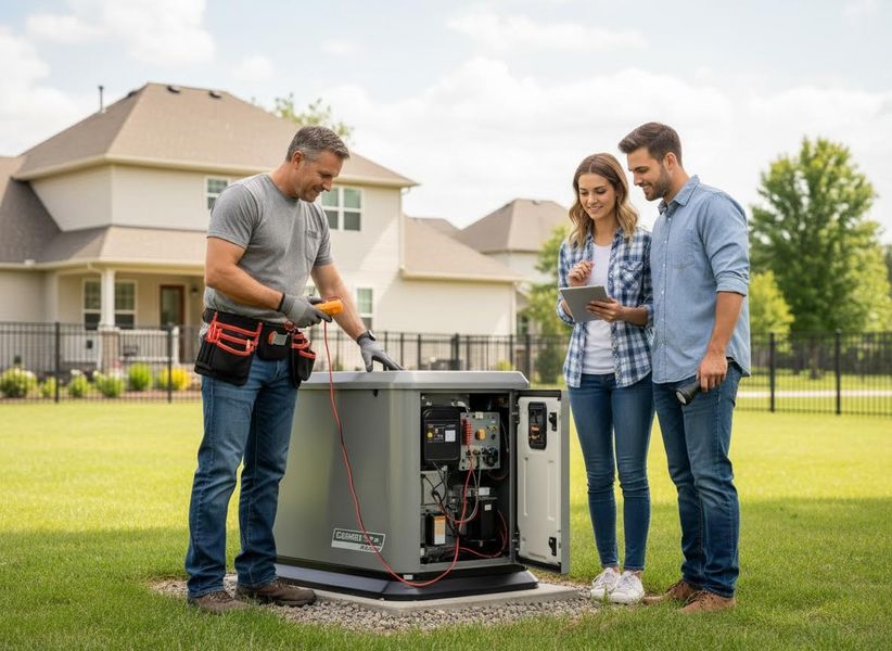 Technician explains home generator to a couple