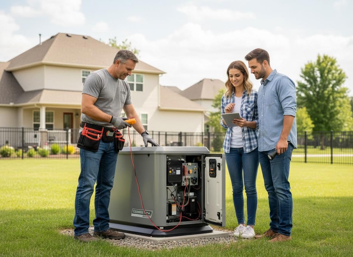 Technician explains home generator to a couple