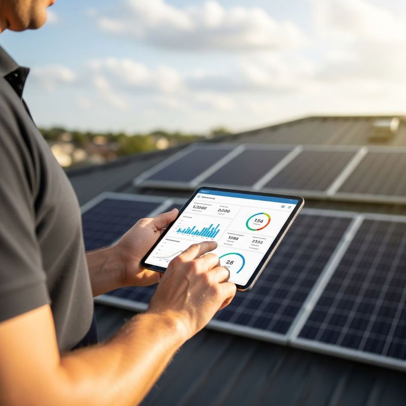 An overhead view of a person standing on a roof with solar panels, holding a tablet displaying real-time solar energy monitoring data.