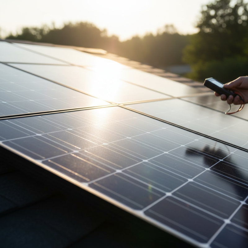 A close-up of a technician's hand holding a diagnostic tool to a solar panel on a roof, with the bright sun reflecting off the panel's surface.