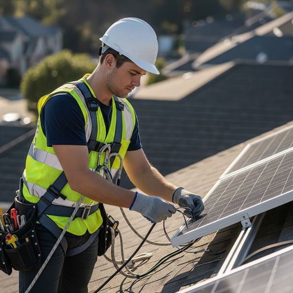 A certified technician wearing a white hard hat, high-visibility vest, and a full safety harness while carefully securing wiring on a rooftop solar installation.