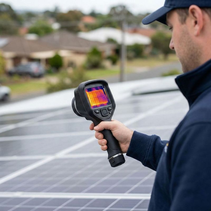 A technician using a thermal imaging camera on a rooftop to inspect solar panels for maintenance issues.