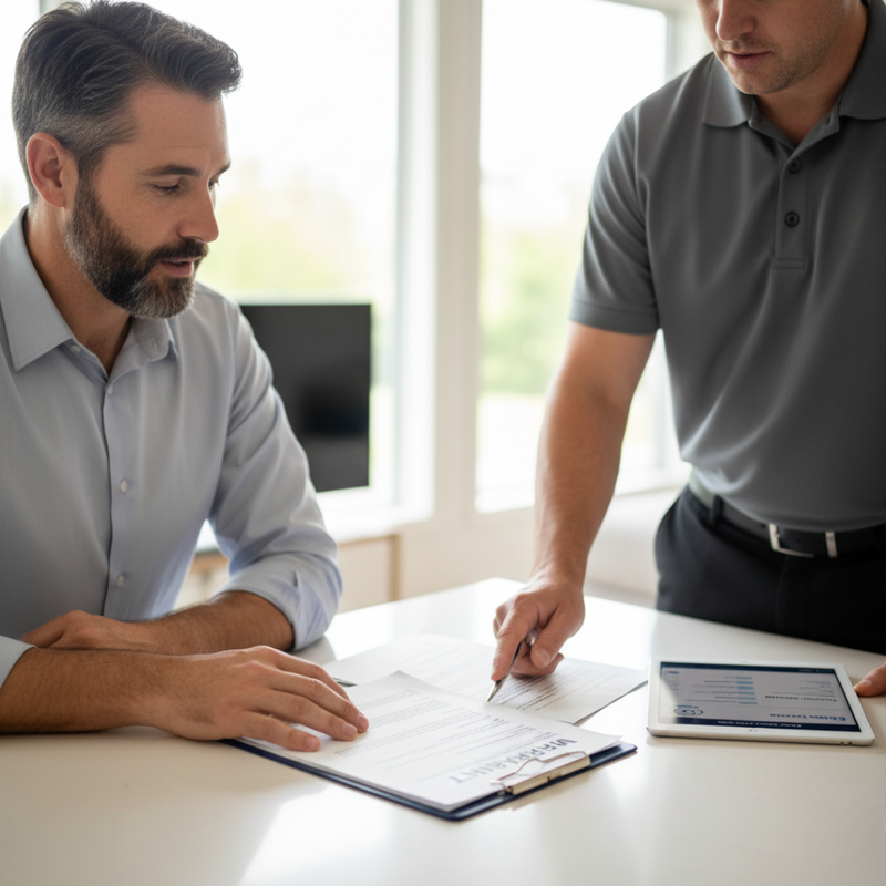 A solar service technician in a gray polo shirt pointing to a line on a warranty or service report for a homeowner sitting at a desk.
