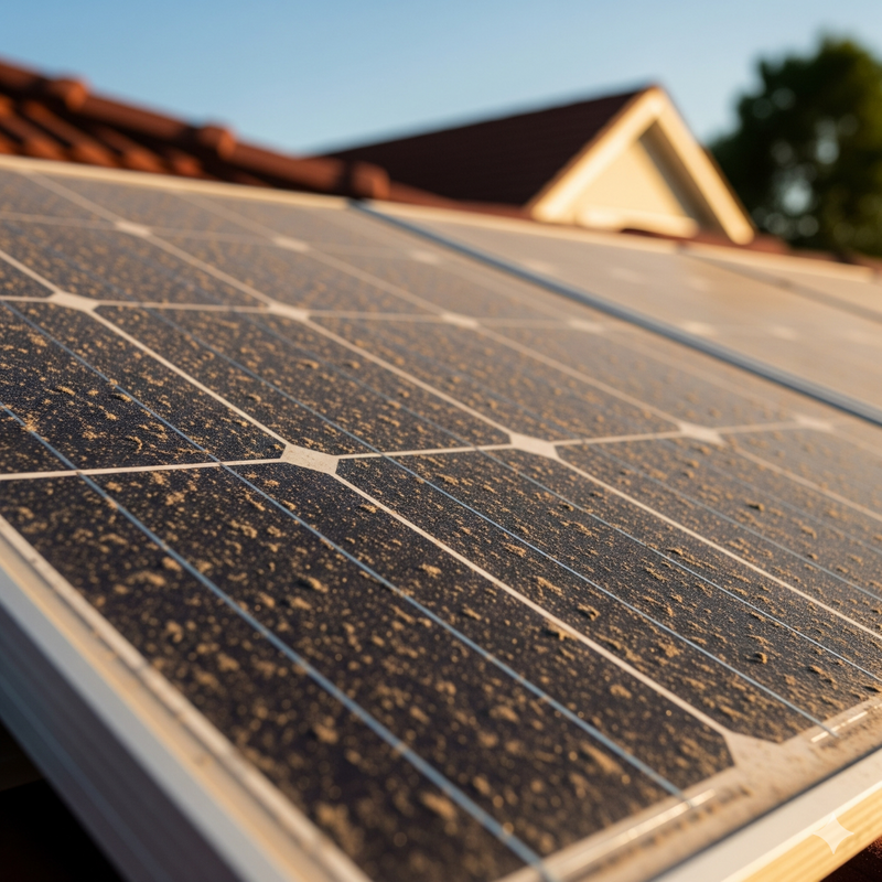 A close-up photo of a residential solar panel covered in a visible layer of dust and grime on a rooftop.