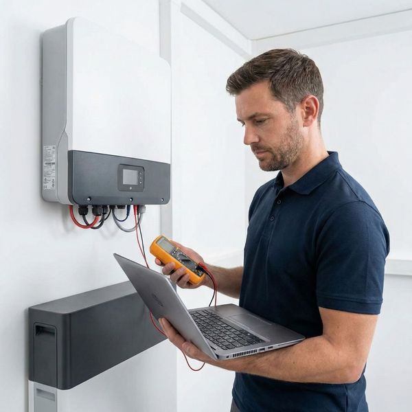 A solar technician performing diagnostic checks on a wall-mounted solar inverter system using a laptop and multimeter.