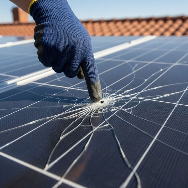 A high-quality close-up of a shattered tempered glass surface on a solar panel, with a technician’s gloved hand pointing to the center of the fracture.