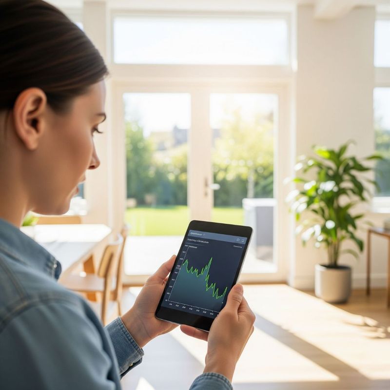 A woman in a denim shirt looking down at a tablet displaying a line graph with a sharp, concerning dip in energy production.