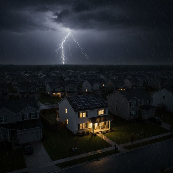 An aerial view of a suburban neighborhood at night during a rainstorm with lightning. All houses are dark due to a power outage except for one home equipped with solar panels and a battery backup, which remains brightly lit.